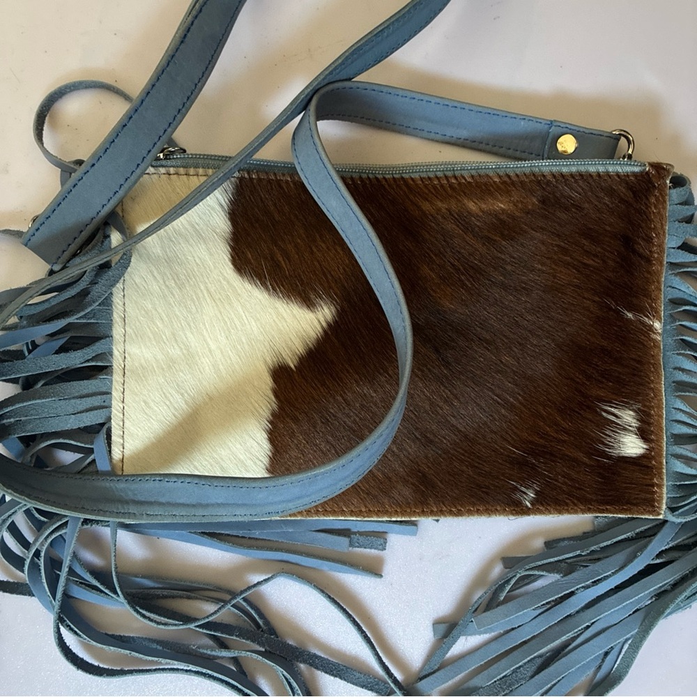 Western Linens-HairOnHide Fringe Crossbody Powder Blue Homestead Coastal Cowgirl - Picture 13 of 14